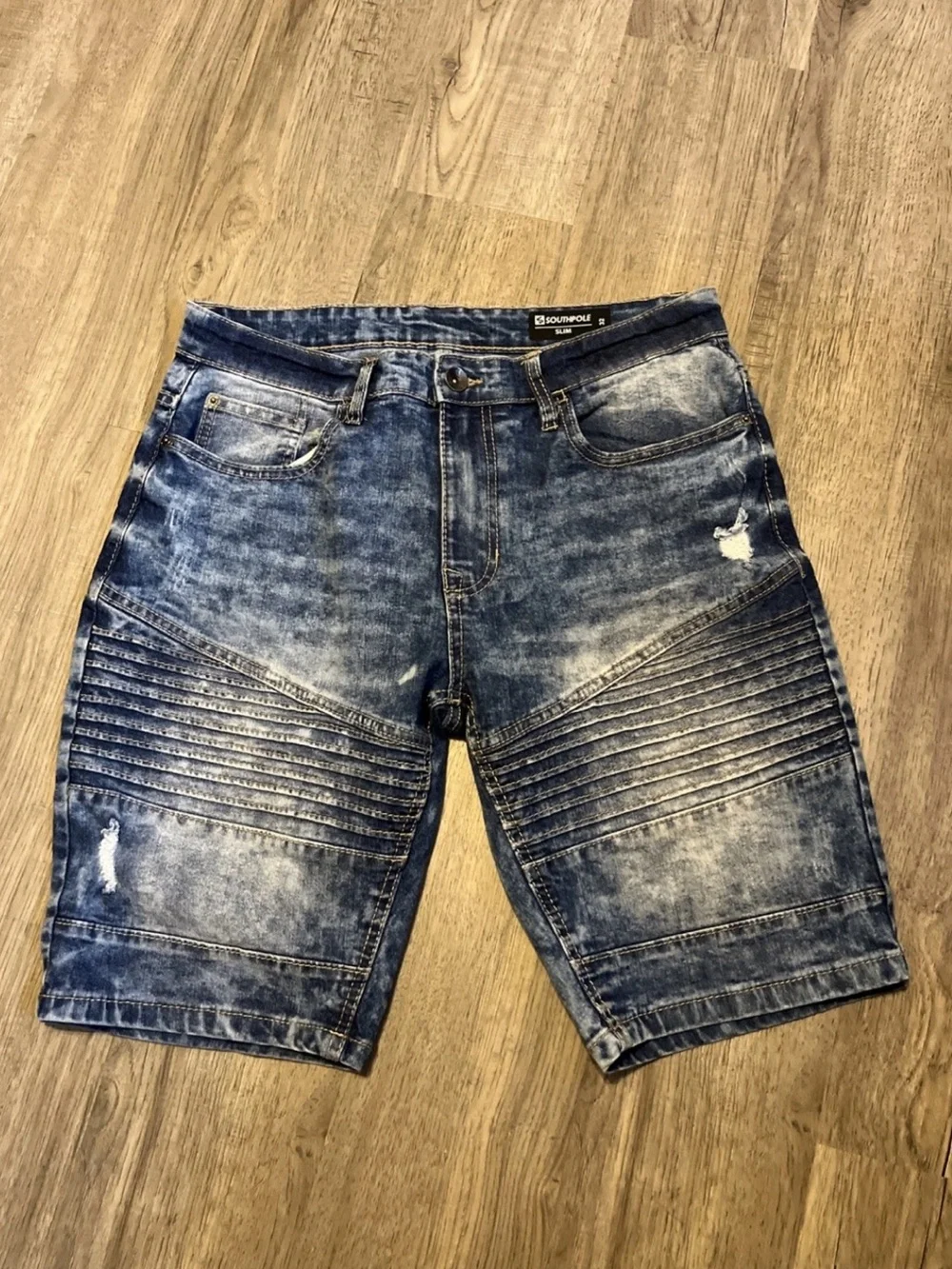 South Pole Men's Distressed Biker Denim Shorts - Blue 32